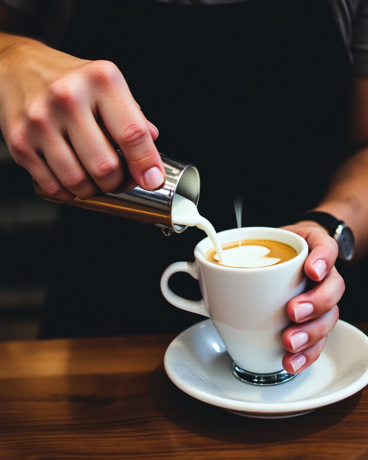 Barista pouring steamed milk into an espresso