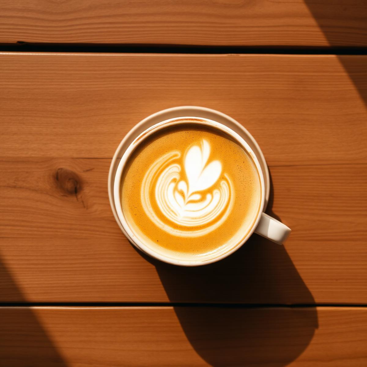 Latte with rosetta art from above