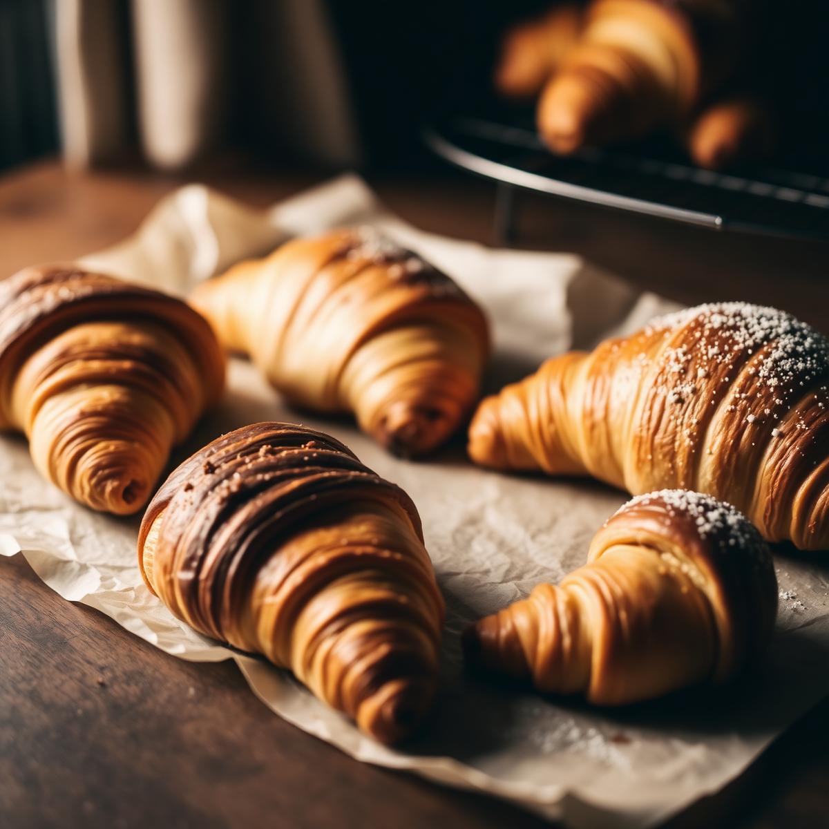Golden croissants on parchment